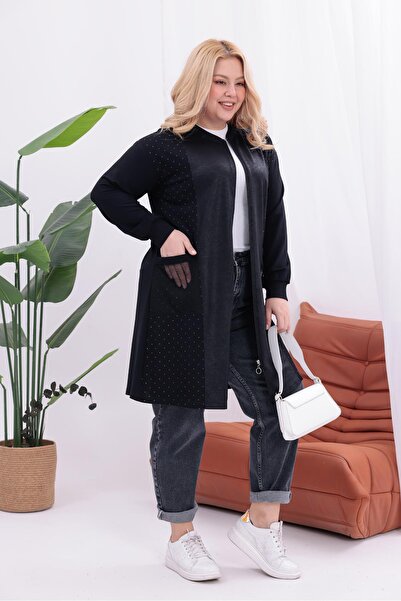 Siyezen Plus Size Zippered Cardigan with Mesh Pocket Detail and Rhinestones