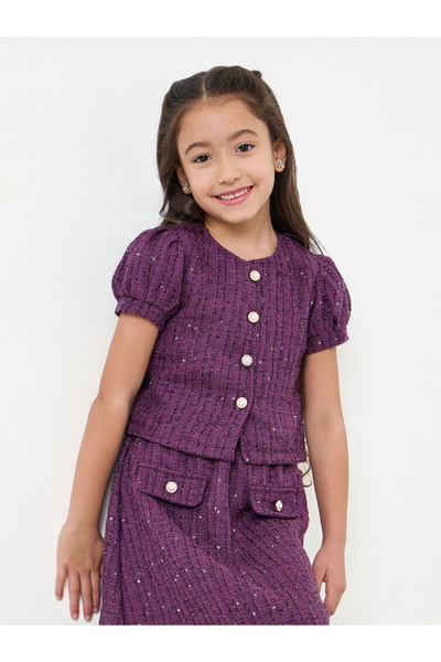 Styli Girls Purple Tweed Top and Skirt Set