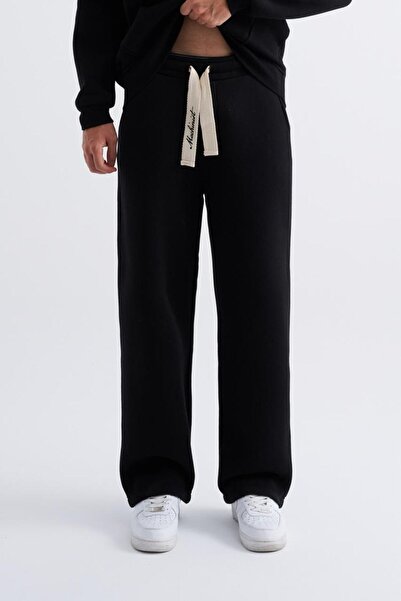 Machinist Ανδρικό κορδόνι με κέντημα με λεπτομέρεια φαρδύ επένδυση fleece αθλητικό παντελόνι μαύρο