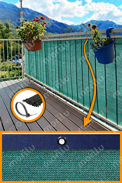 Morilu %95lik YEŞİL Balkon Perdesi - LACİVERT Şeritli Halkalı - Balkon Demiri...