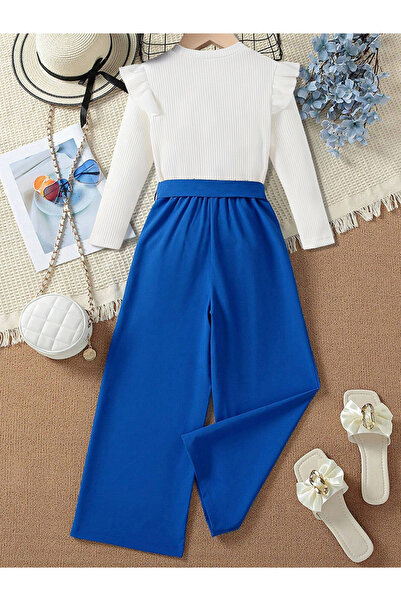 Take Two By Styli Girls Graphic Print Ruffle Hem Top with Wide Leg Pants Set