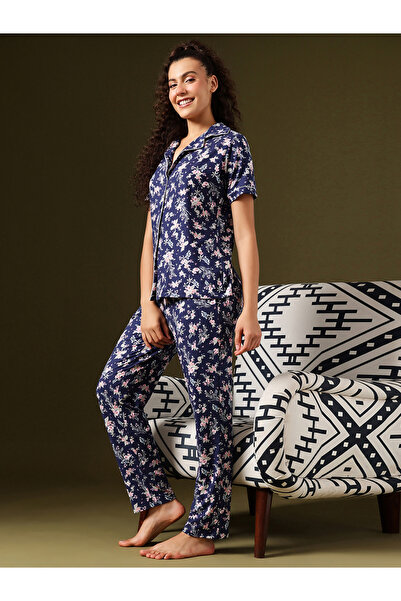 Clovia By Styli Floral Print Button-Down Shirt and Pyjama Set