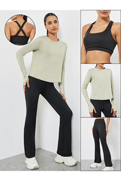 Styli Pack of 3 - Multi Cross Back Padded Sports Bra, Paneled Top and Flared Leggings