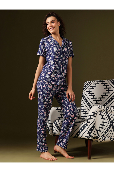 Clovia By Styli Floral Print Button-Down Shirt and Pyjama Set