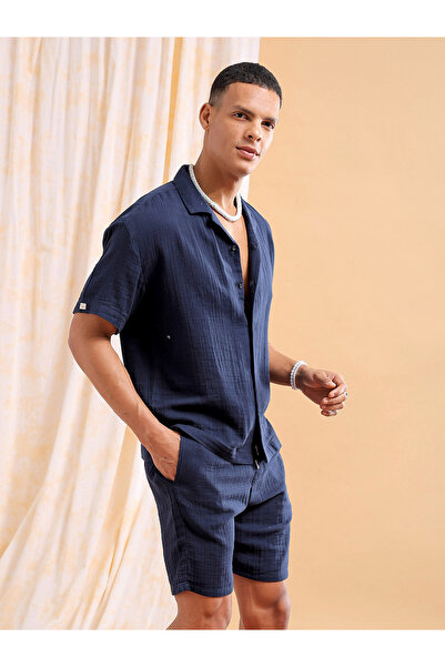 The Indian Garage Co By Styli Men Navy Solid Cotton Shirt and Shorts Set