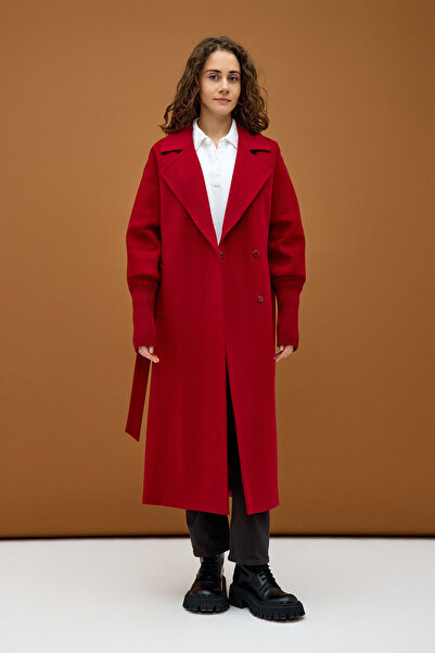 KENT Kırmızı Triko Manşetli Kuşaklı Uzun Oversize Kaşe Kaban