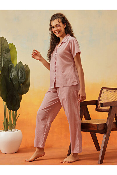 Clovia By Styli Dobby Weave Buttoned Shirt and Pyjama Set