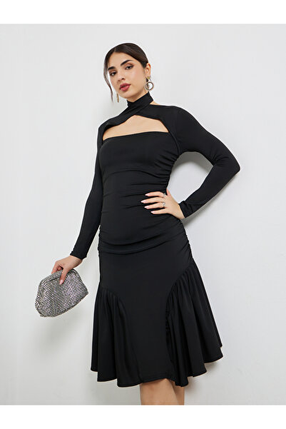 Styli Black Cut-Out Yoke Knee Length Dress