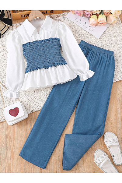 Take Two By Styli Girls Smocking Detail Ruffle Hem Top with Pants Set