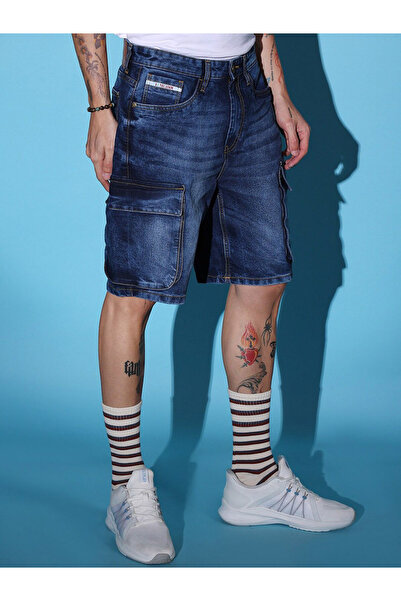 The Indian Garage Co By Styli Men Blue Acid Wash Denim Cargo Shorts