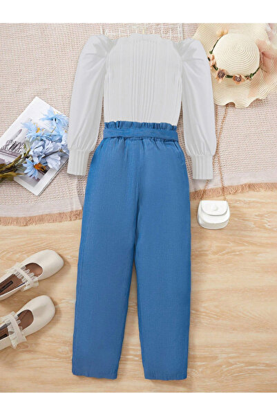Take Two By Styli Girls Texture Puff Sleeve Top with Wide Leg Pants Set