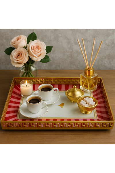 Yavuzhan Metal Gold Çerçeveli Pembe Desenli Dekorarif Söz,Nişan,Sunum Tepsisi...