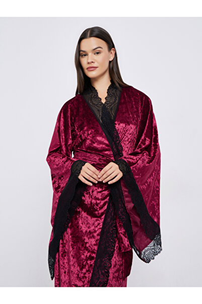 Styli Crushed Velvet Flared Sleeves Robe with Contrast Lace Trim