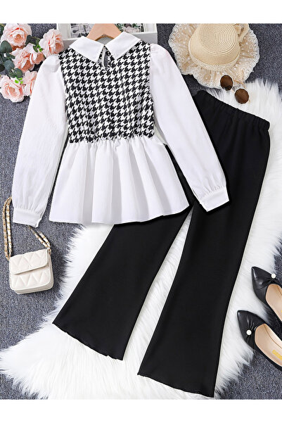 Take Two By Styli Girls Ruffle Hem Bow Detail Top with Wide Leg Pants Set