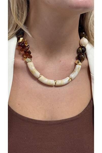 KİLİGİSTANBUL Brown Detail Beaded Necklace 35 Cm+5 cm Extension