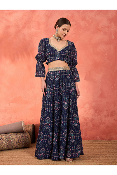 Sassafras By Styli Floral Hem Frill Crop Top with Anarkali Skirt Set