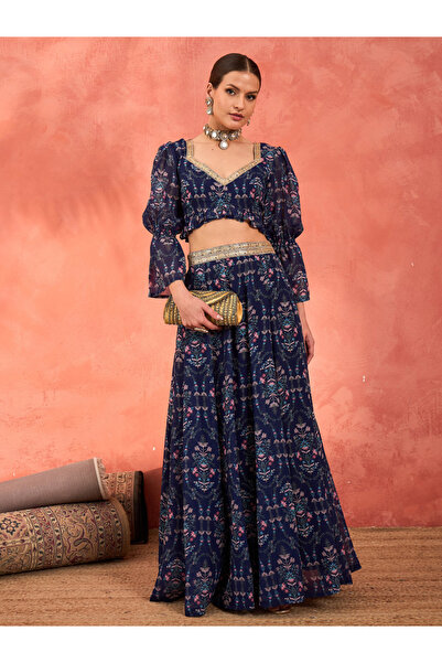 Sassafras By Styli Floral Hem Frill Crop Top with Anarkali Skirt Set