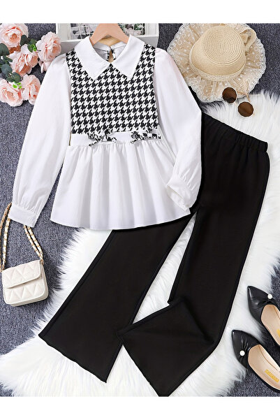 Take Two By Styli Girls Ruffle Hem Bow Detail Top with Wide Leg Pants Set