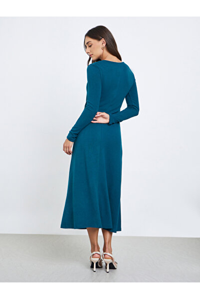 Styli Teal Embellished Buckle A-Line Midi Dress