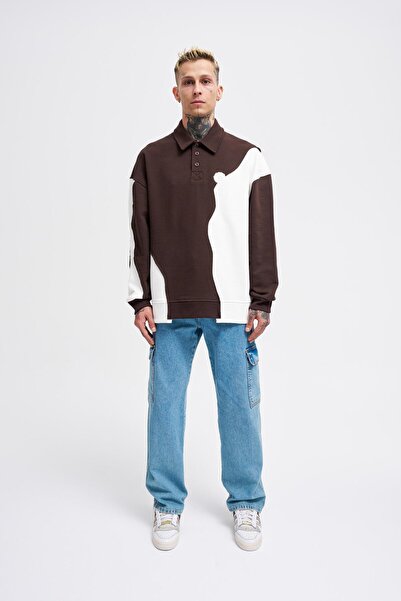 Machinist Erkek Distressed Stitch And Embroidered Polo Kahve Ekru Sweatshirt
