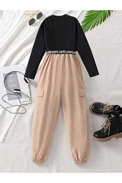 Take Two By Styli Girls Slogan Print Top with Pocket Detail Pants Set