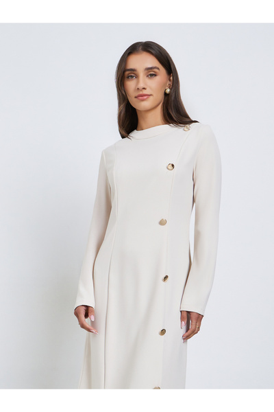 Styli Off White Ruffled Hem Buttoned Midi Dress