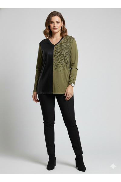 AKŞEN GİYİM Plus Size Strawberry Knitwear Leather Detailed V-Neck Premium Qua...