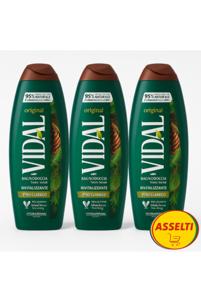 Vidal Set ASSELTI® Origine Italia – 3 x Pino Classico 500 ml, gel de duș revitalizant cu extract de pin