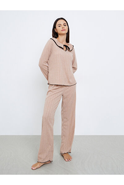 Styli Rib Flounce Tie Detail T-Shirt and Pyjama Set