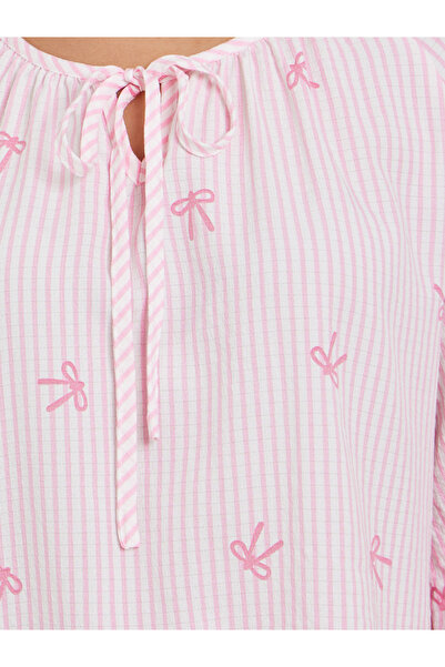 Styli All-Over Stripe and Bow Print Tie-Up Neck Top and Pyjama Set