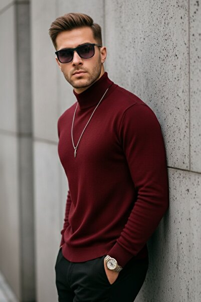 COMBİNE MİCHAİL Чоловічий преміальний бордовий водолазка вільного в'язання