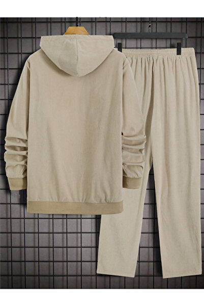 Take Two By Styli Men Beige Corduroy Hoodie and Pants Co-Ords