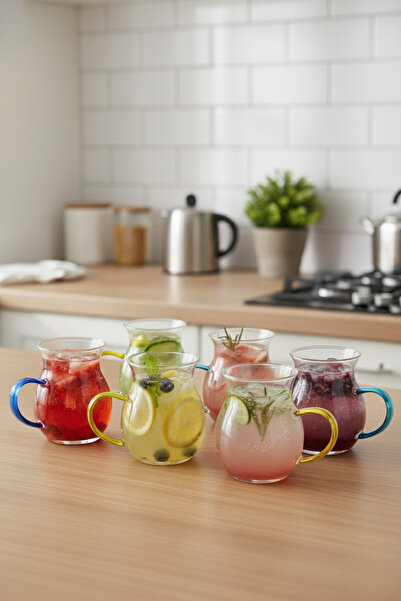 Kitchen Way Keyf-I Ala Almila 6-Piece Colorful Handle Chubby Thermos Glass Tea Cup Kw-049B