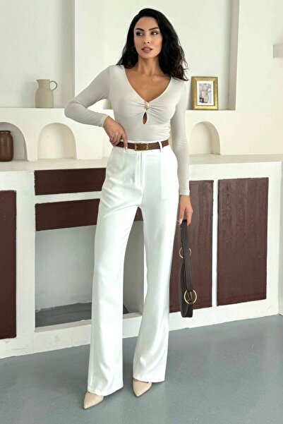 ZISHAN Women's V-Neck Gold Detailed Long Sleeve Blouse – Black, Coffee, White, Burgundy 10136