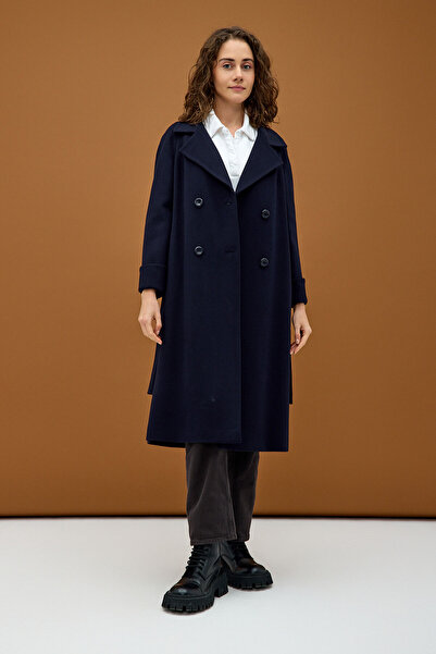 KENT Lacivert Çift Düğmeli Cepli Kuşaklı Uzun Kaban