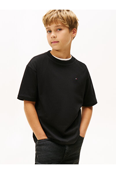 Tommy Hilfiger Boys Black Flag Embroidery Crew Neck T-Shirt
