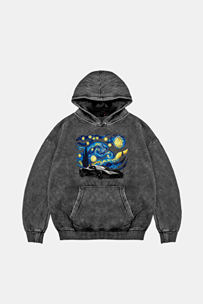 Sekizbiraltı Starry Night Race Printed Oversized Unisex Washable Black Hoodie