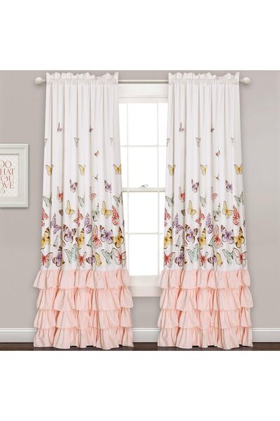 Lush Decor Flutter Butterfly Ruffle Print Window Panel Set (Pair), 84 x 52 in, Pink