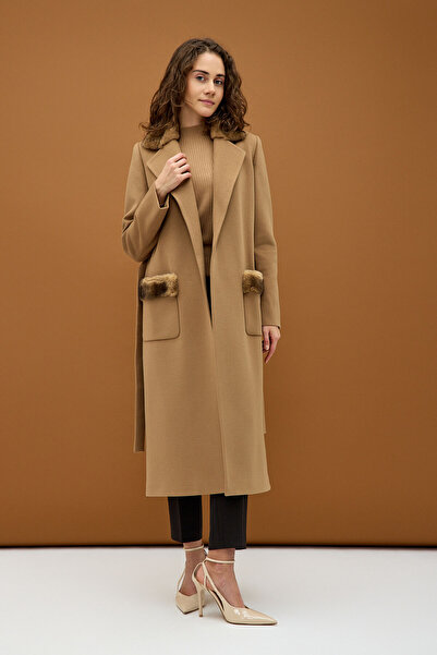 KENT Taba Kürk Yakalı Kürk Cepli Yırtmaç Detaylı Uzun Kaban