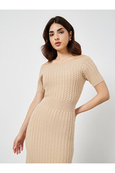 Styli Beige Cable Knit Sweater Midi Dress