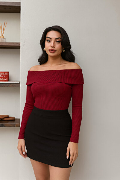 Ramior Omzu Light Burgundy Women's Knitwear Blouse – Flexible Fabric, Long Sleeves, Stylish Fit Model