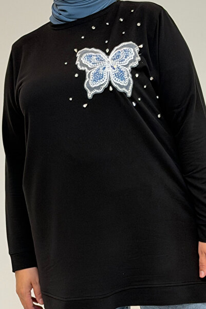 Eslina 58172 Plus Size Stone Print Detailed Crystal Tunic - Black