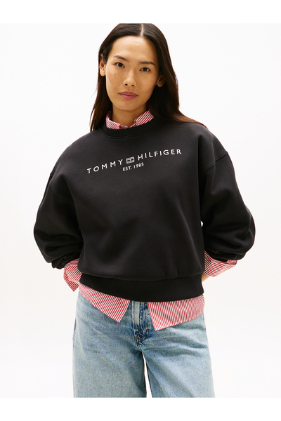 Tommy Hilfiger Women Black Flex Fleece Relaxed Crew Neck Sweatshirt