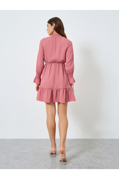 Take Two By Styli Solid Textured Smocking Cuff Fitted Waist Mini Dress