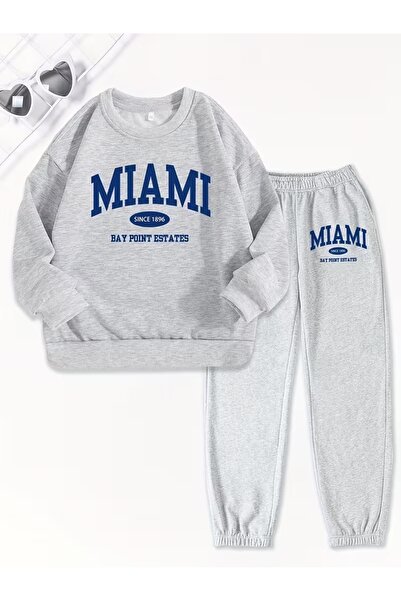 AEMİ Unisex Miami Printed Crew Neck Sweatshirt and Jogger Sweatpants- Bottom Top Set