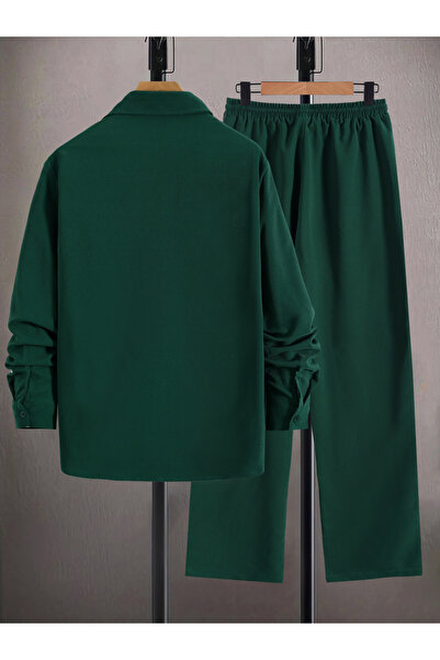 Take Two By Styli Men Dark Green Solid Shirt and Pants Co-Ords