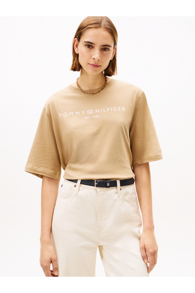 Tommy Hilfiger Women Beige Logo Jersey Relaxed Crew Neck T-Shirt