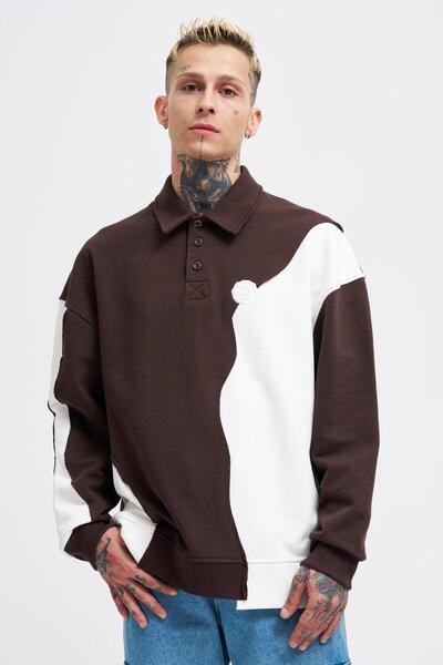 Machinist Erkek Distressed Stitch And Embroidered Polo Kahve Ekru Sweatshirt
