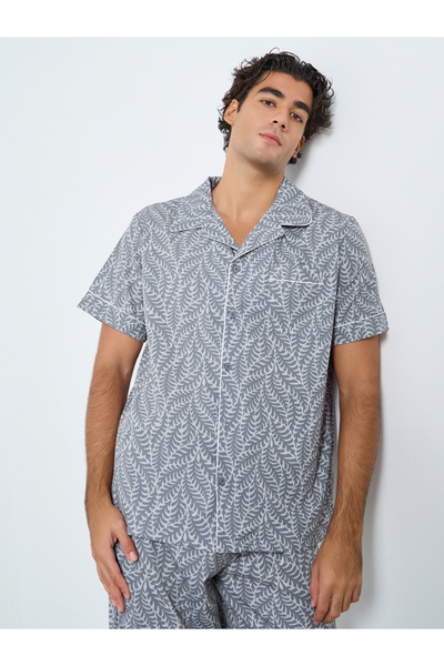 Styli Men Leaf Print Relaxed Fit Shirt and Pyjama Set