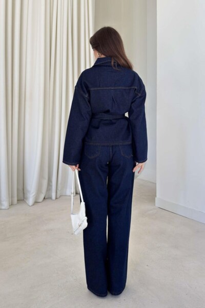 AKD Atelier Women's Denim Top and Bottom Set Belted Pocket Detail Long Sleeve Shirt Wide Leg Pants Jeans Set